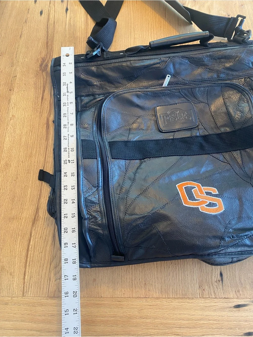 Black Leather Men's Garment Bag with Orange OSU Embroidery